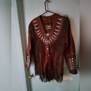 NWT Brown Leather jacket with beaded detail snap enclosure